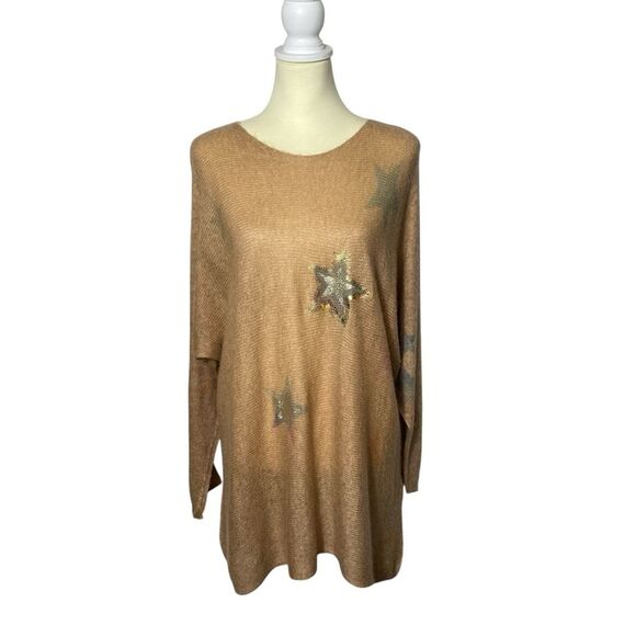 Marisma Made In Italy Wool Blend Knit Sweater Tan W/ Stars Women's One Size - Picture 1 of 13